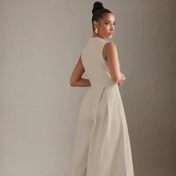 Ivory White Wide Leg Zip Up High Neck Jumpsuit - Picture 2 of 7